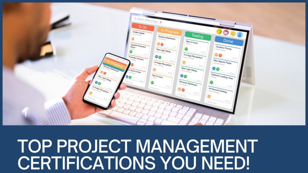 A collection of project management certification badges including PMP, CAPM, CSM, Prince 2, and CompTIA Project+, representing various pathways to career advancement in project management.