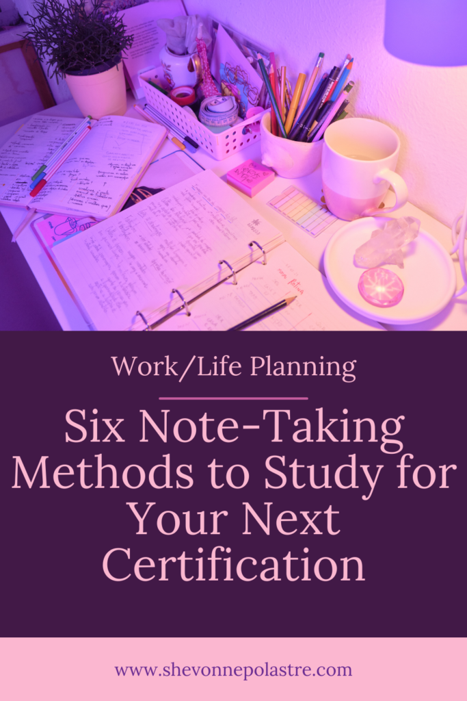 Illustration showcasing six effective note-taking methods for studying certifications: Cornell Method, Outline Method, Charting Method, Box and Bullet Method, Boxing Method, and a Hybrid Approach, with icons and examples of each technique.